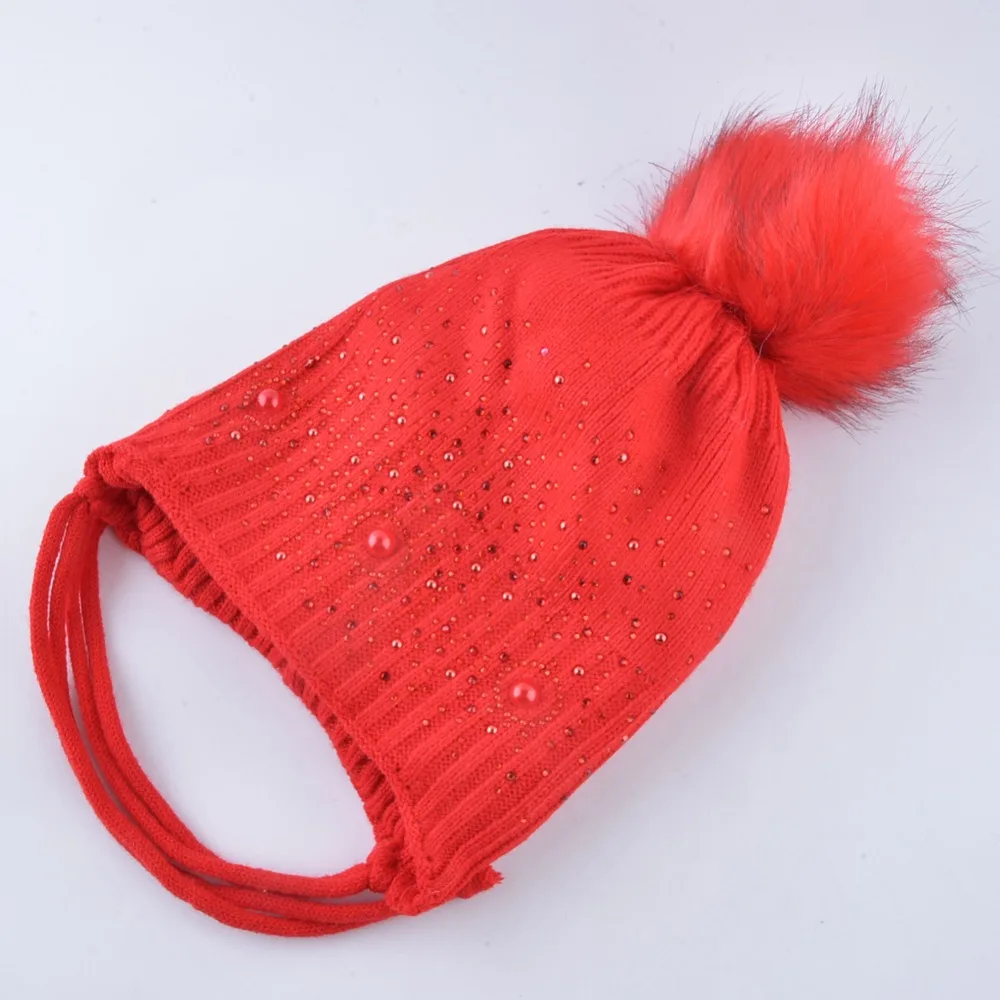 Детский зимний шапка теплый комплект с шарфом однотонные вязаные шапочки со стразами для маленьких девочек детские толстые бархатные вязаные шапки с ушками