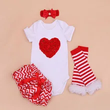 Комплект из 4 предметов, Одежда для новорожденных девочек с сердечками, полосатый сатиновый шорты с красной волной, леггинсы с повязкой на голову для детей от 0 до 24 месяцев