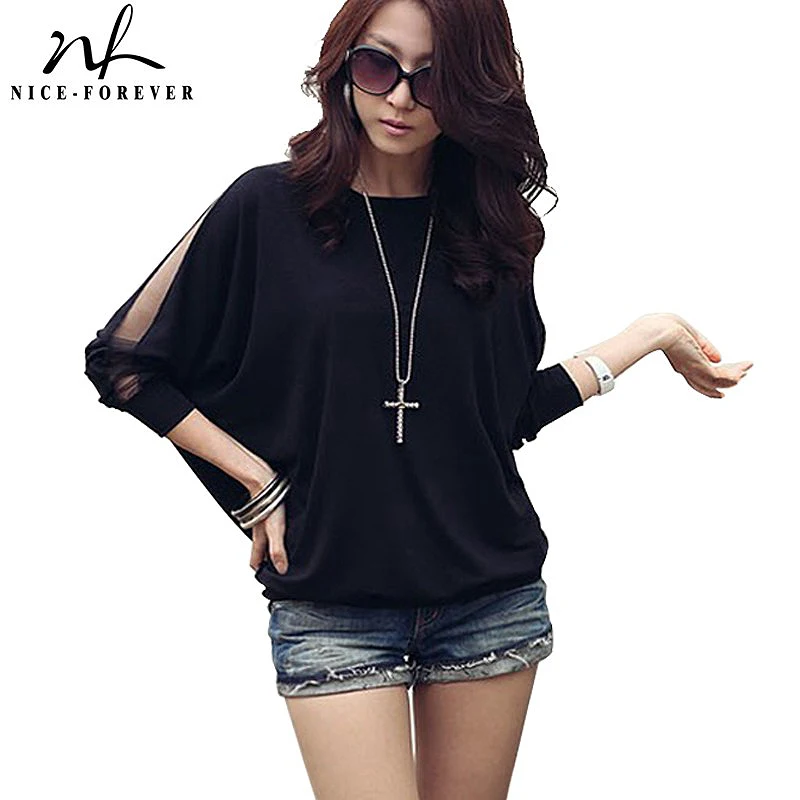 

Nice-forever Brief Solid Color Casual Round Neck T-shirts Women Long Sleeve Stylish Mesh Patchwork Loose Tees Top bty268