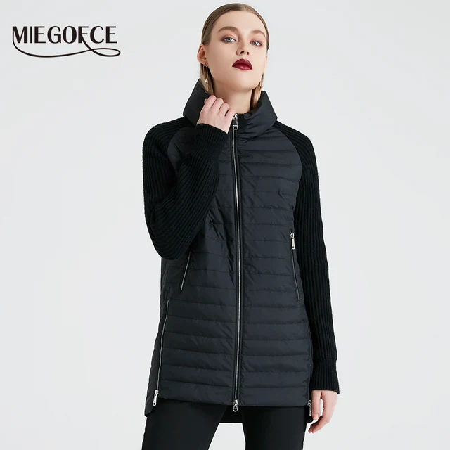 MIEGOFCE 2019 Весна и Осень Женское Пальто с Стоячий Воротником Короткое Пальто Женская Модная Тонкая Куртка Ветрозащитный Вязаный Рукав Теплая Куртка Новый Дизаин