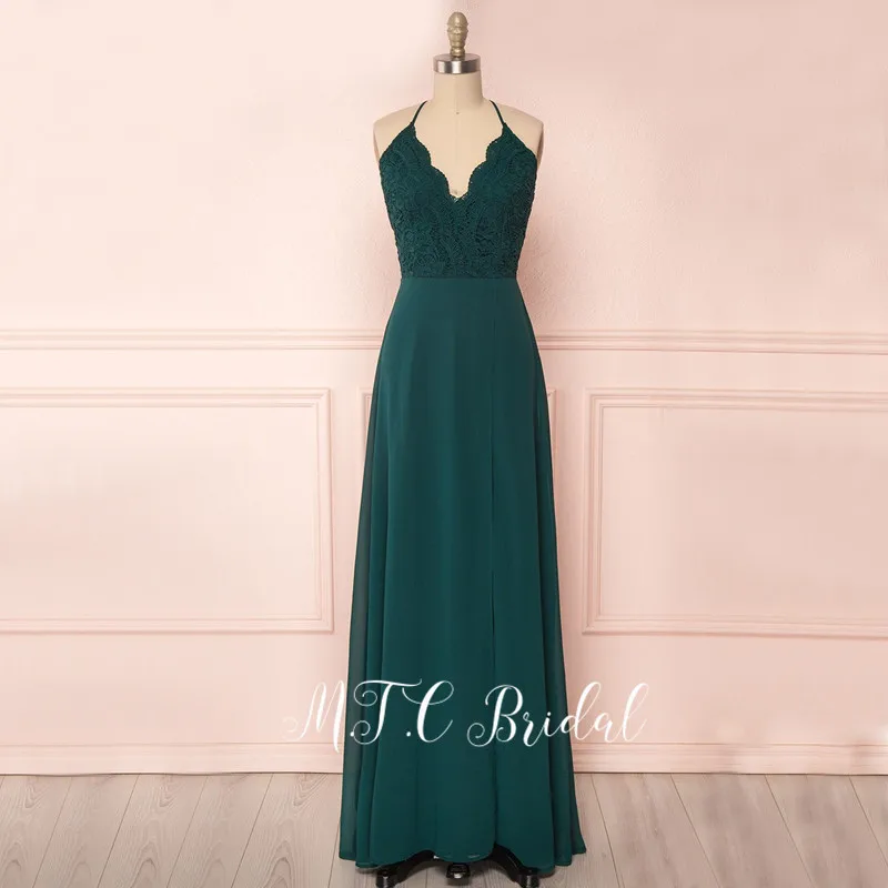 

Charming Dark Green Long Dress Evening Lace Top A Line Spaghetti Strap V Neck Simple Prom Gowns 2019 Hot Selling Women Dresses