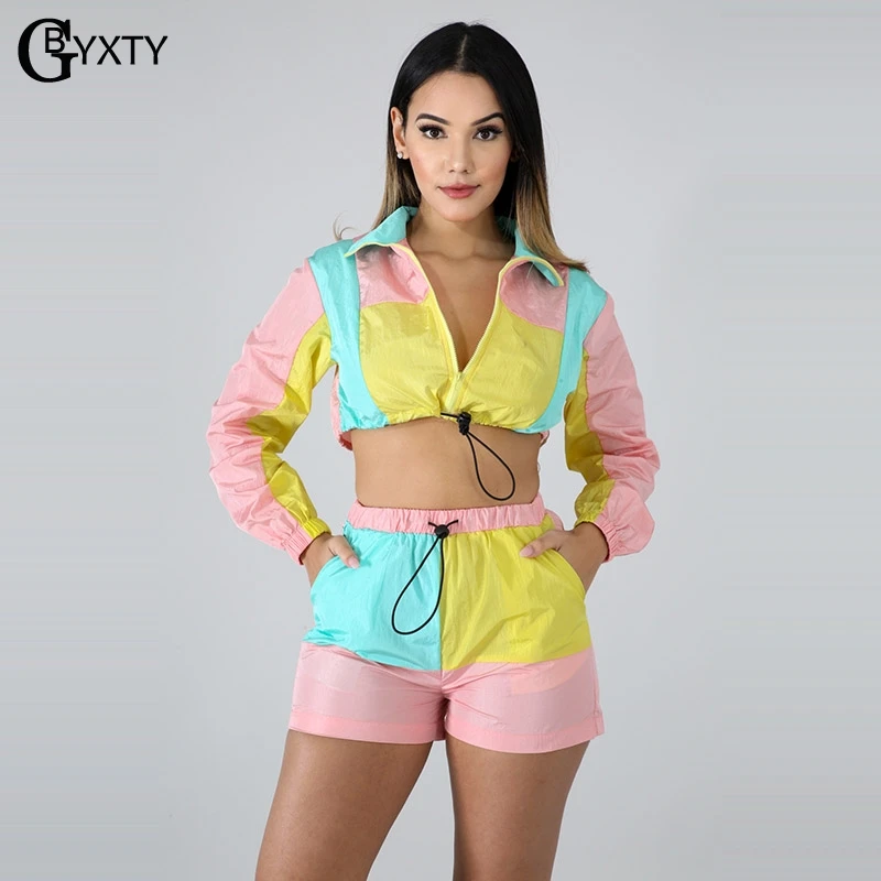 

GBYXTY Biker Shorts Set 2019 Spring Summer Long Sleeve Crop Top and Shorts Set Women Contrast Color 2 Piece Set Outfit ZL254