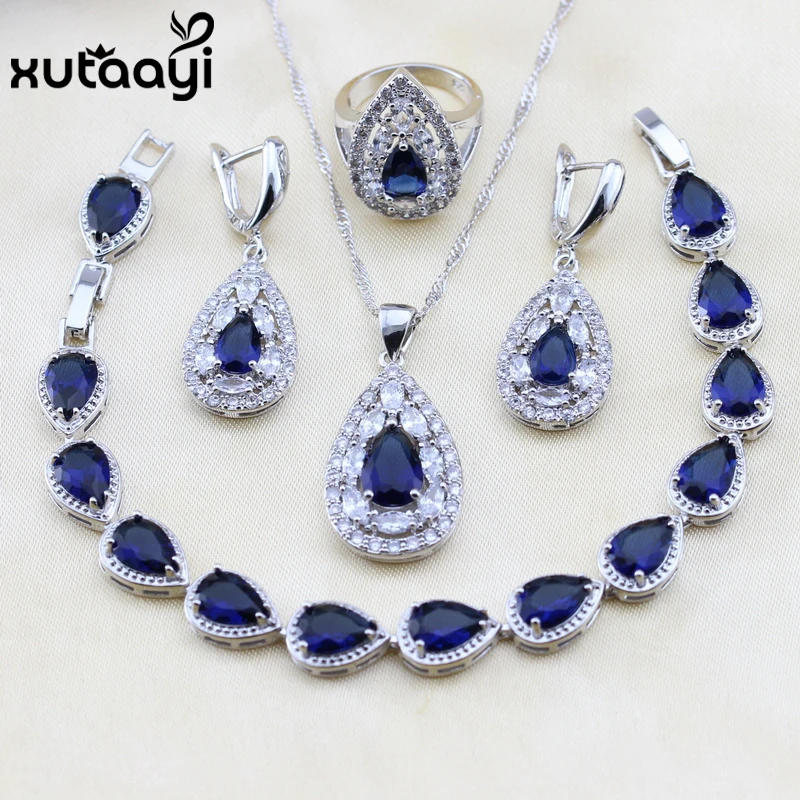 

XUTAAYI 4PCS Top Quality 925 Silver Overlay Jewelry Sets Blue Created Sapphired Super Wedding Necklace/Rings/Earrings/Bracelet