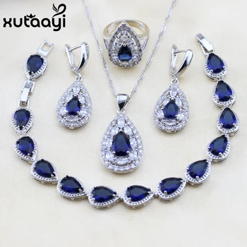 XUTAAYI 4PCS Top Quality 925 Silver Overlay Jewelry Sets Blue Created Sapphired Super Wedding Necklace/Rings/Earrings/Bracelet
