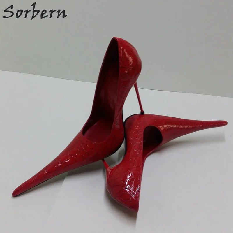 Sorbern Super Long Pointed Toe Women Pumps Slip On Snakeskin Red High Heels Steel Heels Size 32-52 Shoes Unisex Fetish Custom