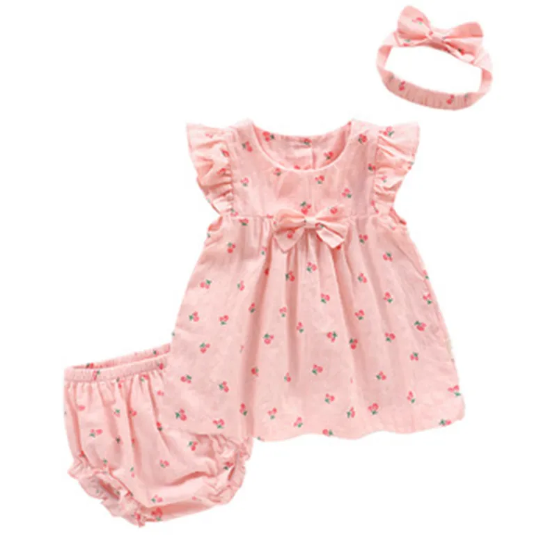 

2019 Newborn Baby Toddler Girls summer Dress+Briefs+handbnd 3PCS Outfits Set cherry strawberry Printed Cute Birthday dress Sets