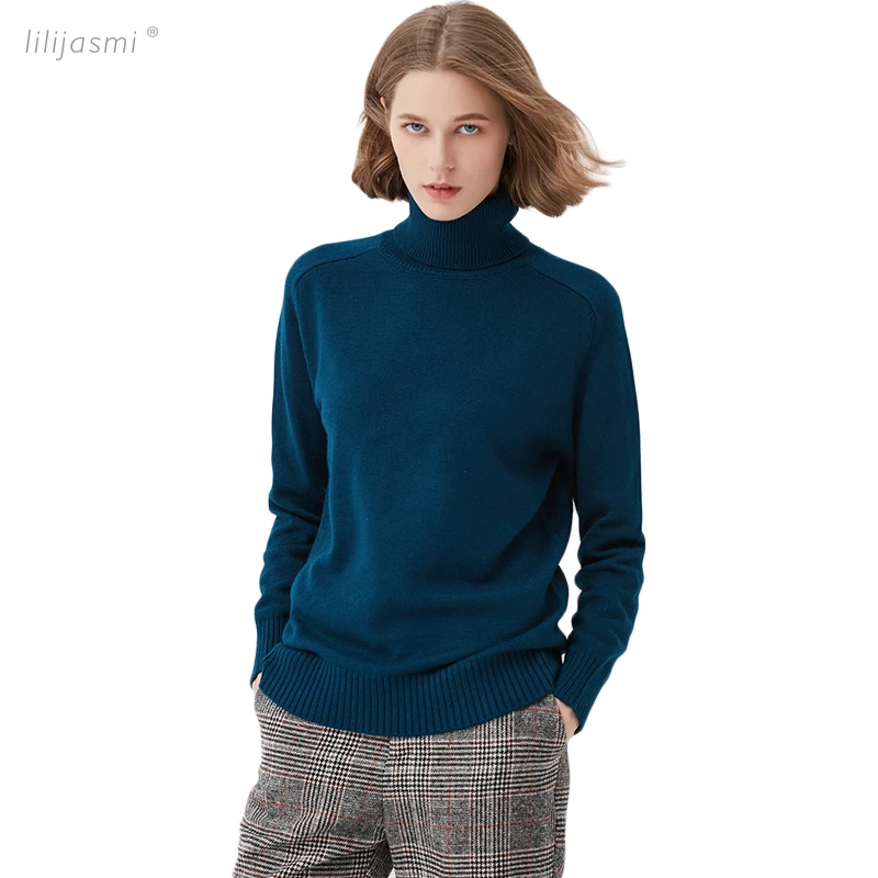 

4 Colors Women Rabbit Cashmere Wool Turtleneck Saddle Shoulder Pullover Swater Solid Rib Collar Sweaters Knit Top Female Jumper