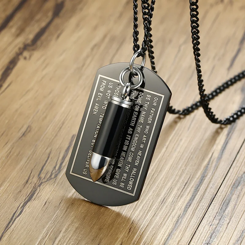 Для мужчин черный Отче наш Dog Tag Цепочки и ожерелья с форме пули кремации урна кулон на цепи Нержавеющая сталь ювелирные изделия