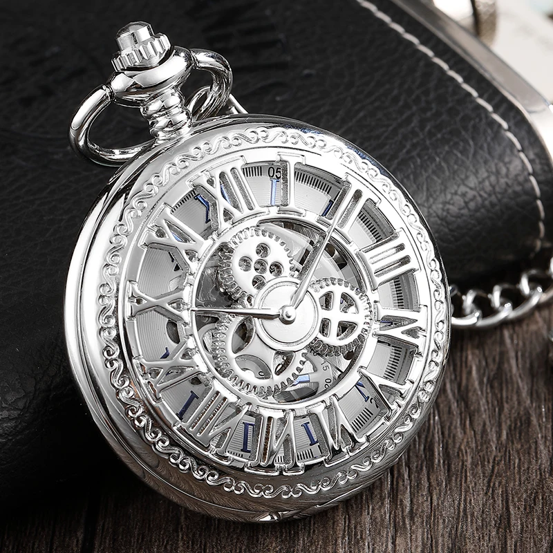 Роскошные серебряные часы Для мужчин Шестерни римская цифра полый Механические карманные часы Уникальный Скелет стимпанк часы с Fob цепь