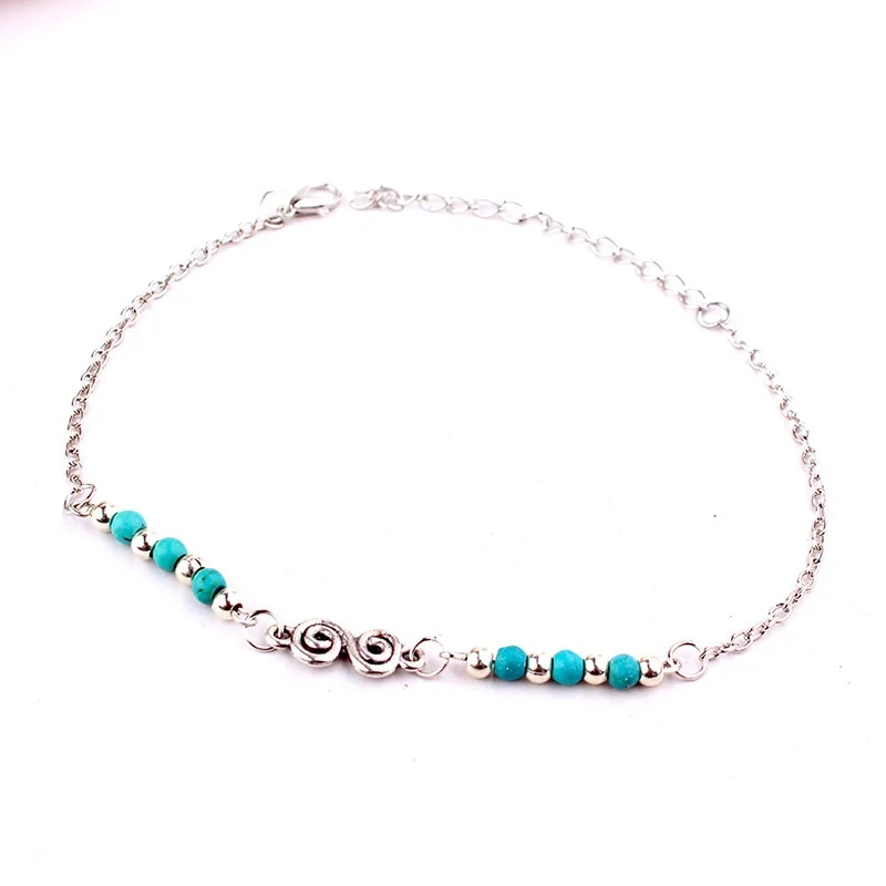 Bohemian Natural Turquoises Beaded Anklets Spiral Alloy Guru Anklet Chain Bracelets for Women Girls