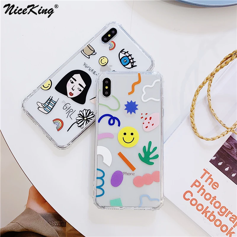 

Niceking Fashion Girl Label Geometric Smiley Face Phone Case For iPhone X XR XS MAX 6 6S 7 8 Plus Anti-knock Corn TPU Back Cases