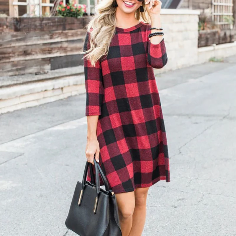 

Women Shirt Dress Tartan Plaid Check 3/4 Sleeve Loose Waist Tie Mini Dress Fit Top Dropshipping Wholesale