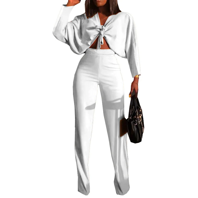 

Full Sleeve 2 Piece Set Women Pant and CropTop Full Length Pants Female Pants Set V Neck Solid Women Set Matching Set