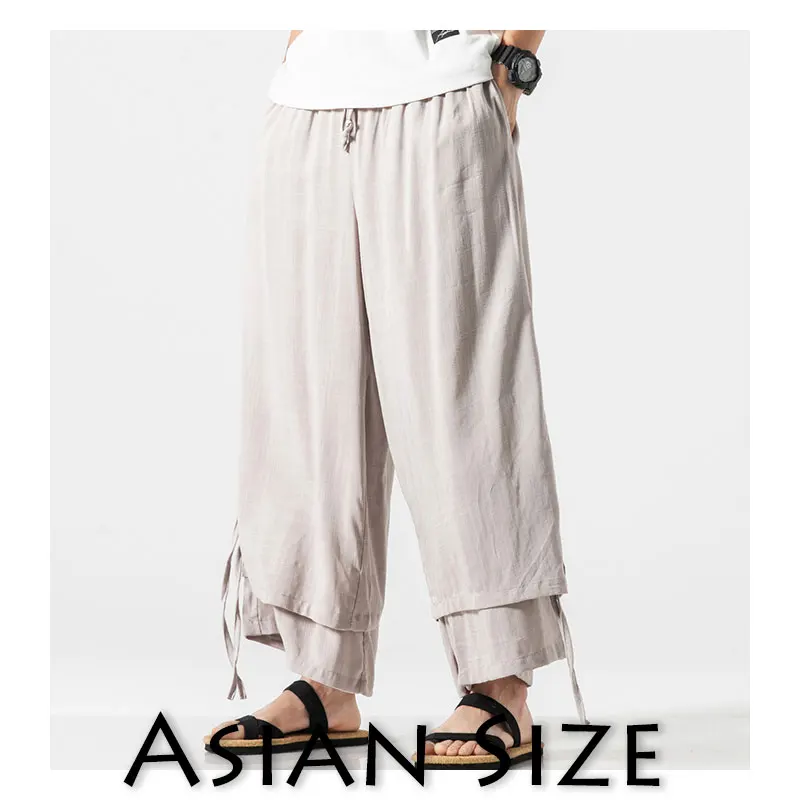 Sinicism Store, мужские широкие брюки, летняя одежда, хлопок, лен, свободные, мужской ханьфу, китайский стиль, мужские длинные штаны, 3XL - Цвет: Gray(Asian Size)