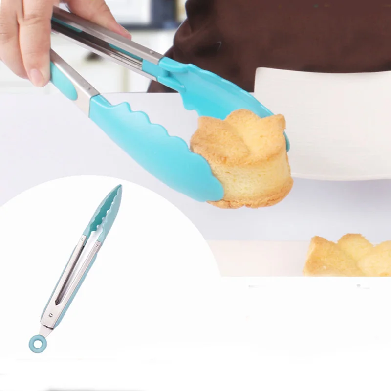 1pc Silicone Serving BBQ Tongs Salad Food Buffet Clip Steel Handle Kitchen Tool Color Random