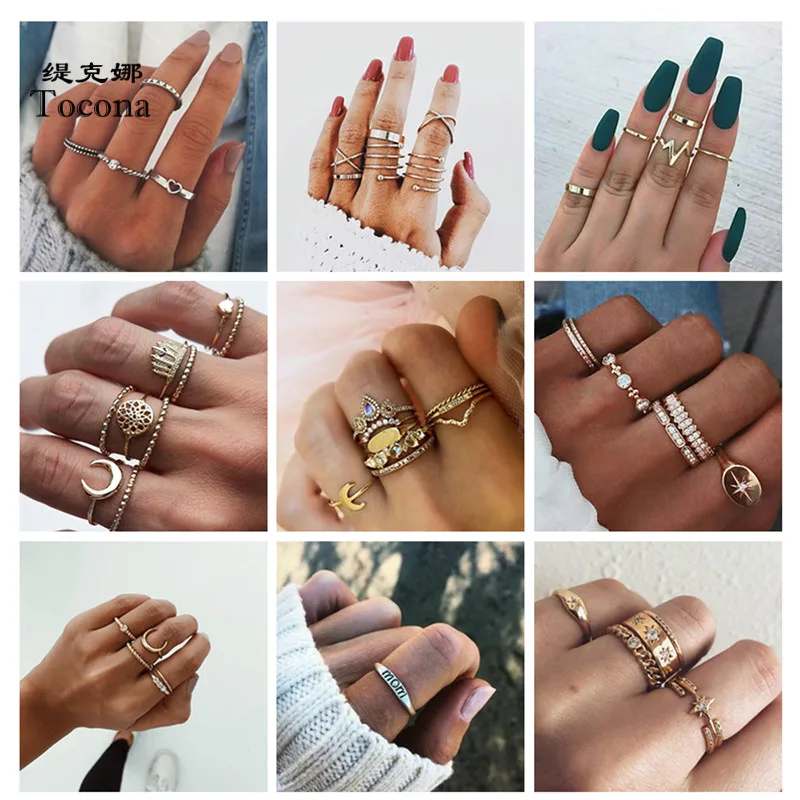 

Tocona New Fashion Bohemia 20 Style Hollow Finger Rings Geometric Moon Crown Shape Clear Crystal Stone Design Jewelry Women Men