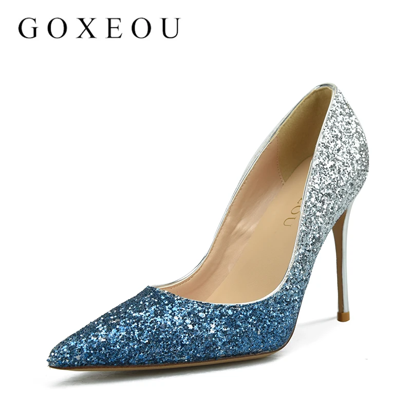 

GOXEOU Women Sexy Pumps High Heels 2018 Summer Elegant Metal Shoes Sequined Cloth Thin Heels Women Pump Shoes 8cm