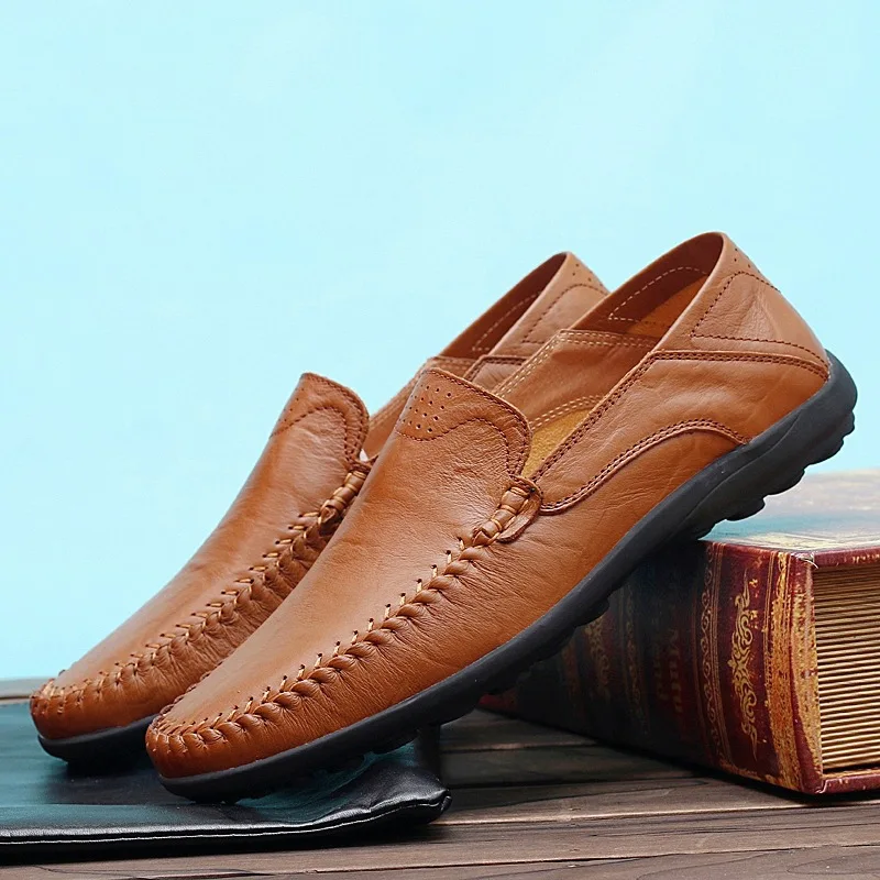 Мужские кожаные лоферы без шнуровки; повседневная обувь - Цвет: Light Brown