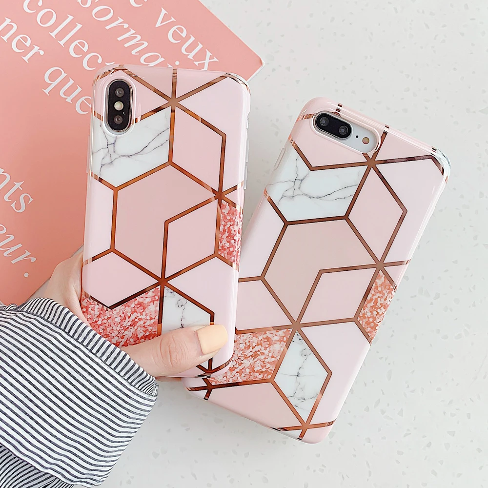 

SUYACS Luxury Geometry Marble Texture Case For iPhone XR XS Max 6 6S 7 8 Plus Plating Shockproof Soft IMD Phone Back Cover Gift