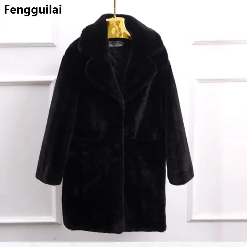 Женское зимнее пальто из искусственного меха, утолщенное теплое Женское пальто из искусственного меха и куртки, однотонное пальто из искусственного меха, теплое пальто - Цвет: Черный