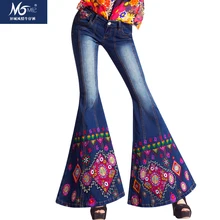 Модные длинные брюки с вышитыми цветами в китайском стиле большие расклешенные брюки плюс размер 26-34 стрейч джинсы