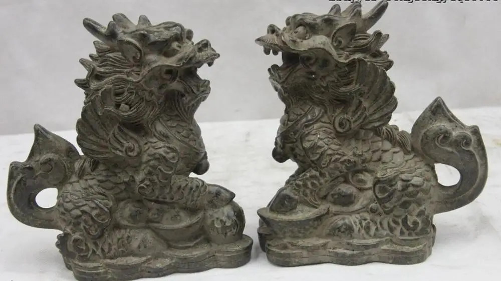 

FengShui bronze Lucky Door YuanBao Fu Foo Dog Lion Dragon Kylin Kilin beast Pair