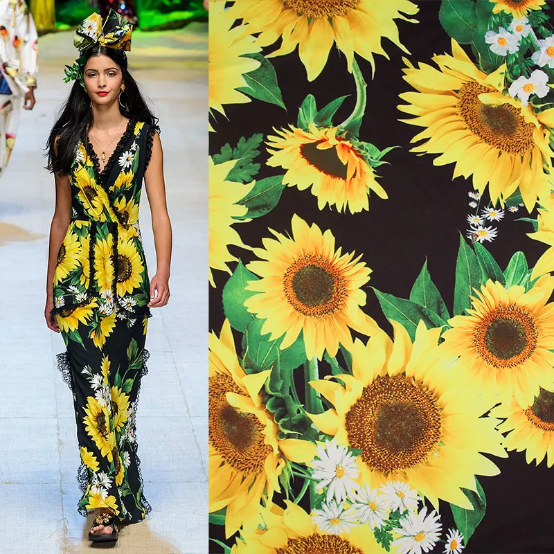 

Wide 140cm Sunflower Printed Meter Fabric Polyester Fabric Satin Quilting home Cloth patchwork Sewing Material DIY Women's Dress