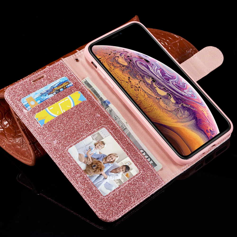 Блестящий кожаный чехол со стразами для iPhone 6 6S 7 8 Plus X XR XS Max флип телефона 11 Pro SE 2020