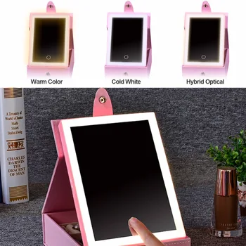 

2 in 1 LED Lighted Makeup Mirror Jewelry Box Organizer Storage Case with USB Charging Dimmable Earrings Necklaces for Travel