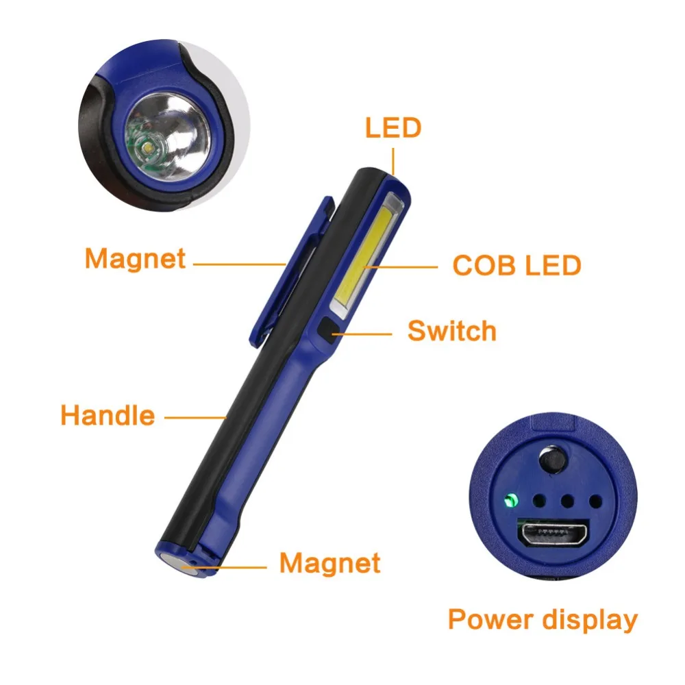 USB Перезаряжаемый светодиодный светильник-вспышка COB с магнитной ручкой, ручной фонарь, светильник для осмотра работы, карманный светильник для кемпинга, ночной рыбалки
