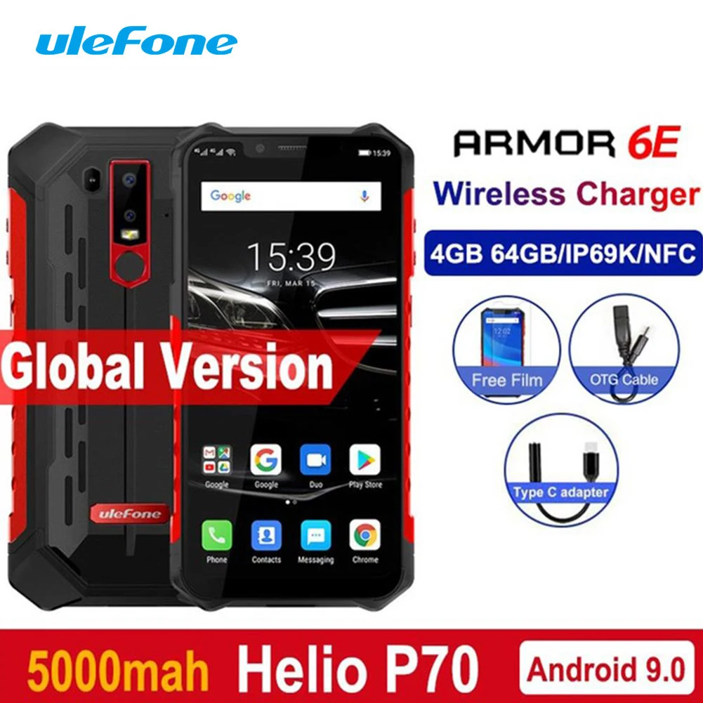 Ulefone Armor 6E IP68 Водонепроницаемые мобильные телефоны 4G + 64G Android 9,0 6,2 "Helio P70 Face ID NFC Беспроводная зарядка прочный смартфон