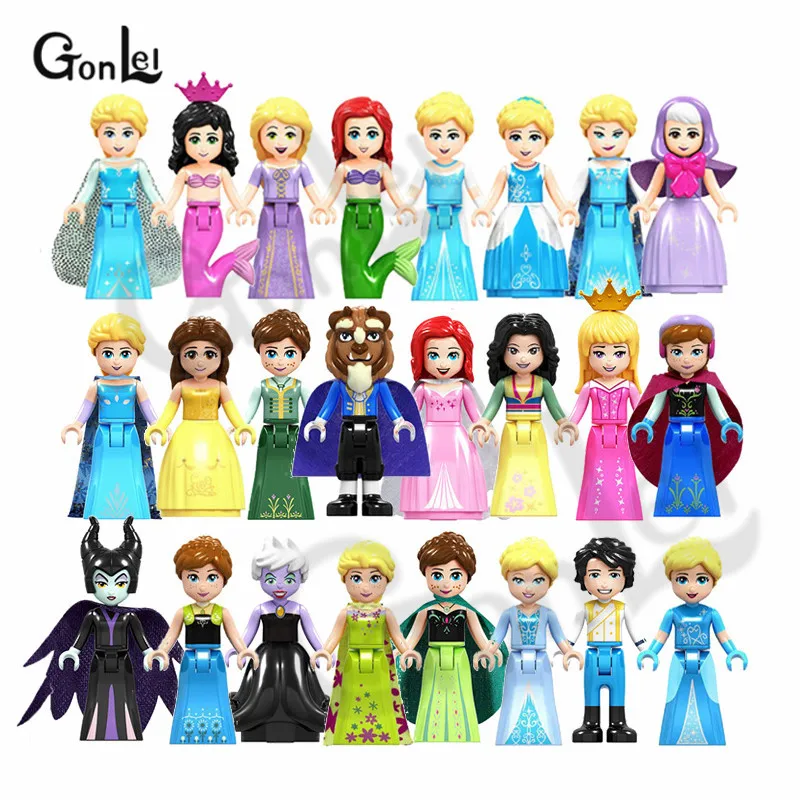 

8Pcs Princess Figures Anna Elsa Ariel Aurora Waleficent Ursula Prince Eric Building Blocks Toys for Children Friends