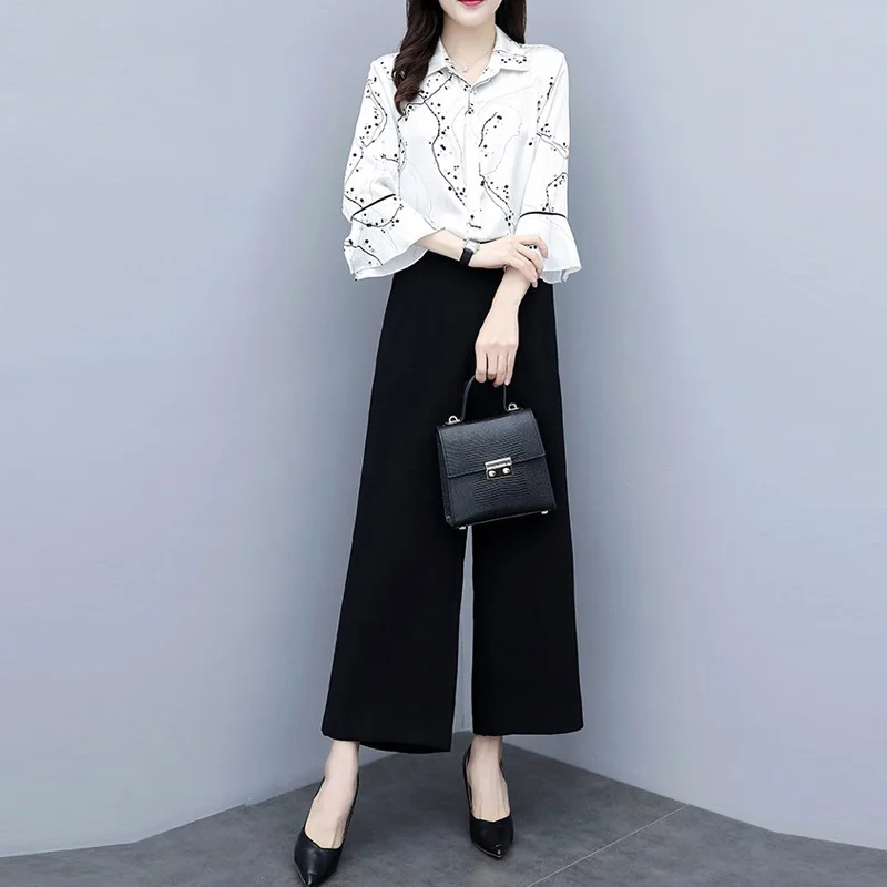 

Two Piece Set Women Flare Sleeve Chiffon Shirt And High Waist Pants Set 2019 Summer Fashion Elegant Casual Wide Leg Pant Suits