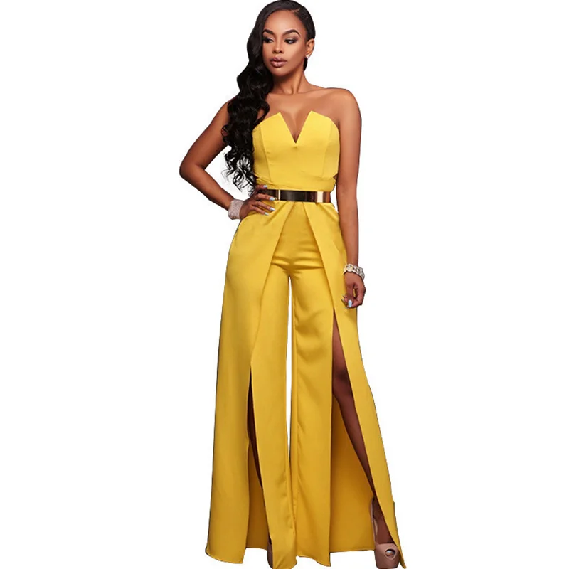 

Women Runway Elegant Strapless Jumpsuit Sexy Off Shoulder Cut Out Split Wide Leg Jumpsuits and Rompers Birthday Club Overalls
