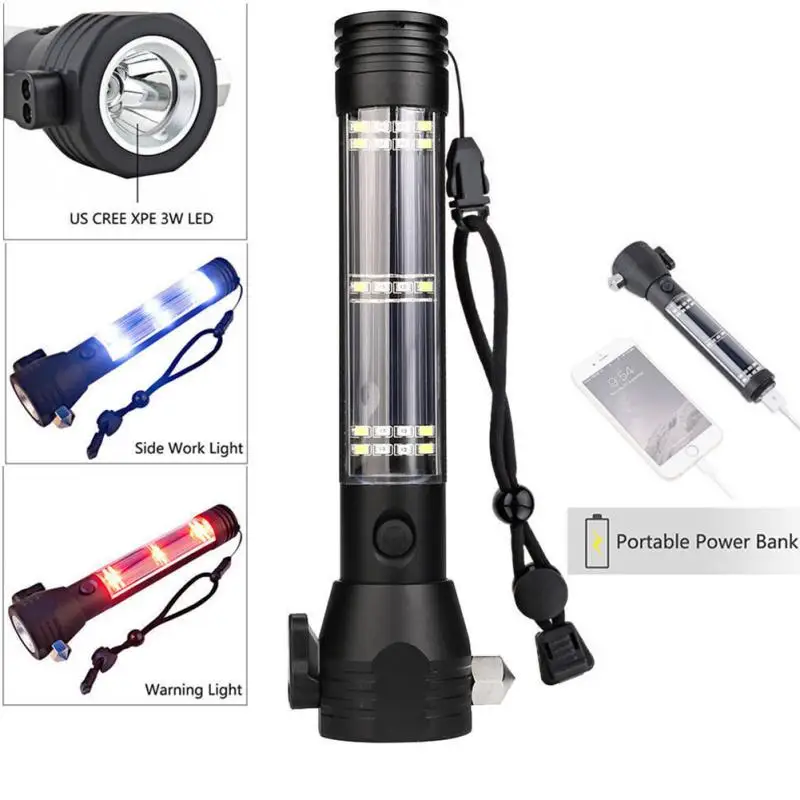 

Roadside Tactical Flashlight Multi-Function Power Pocket Solar Powered Torch Outdoor Survival Tool Car Safety Hammer Power Light
