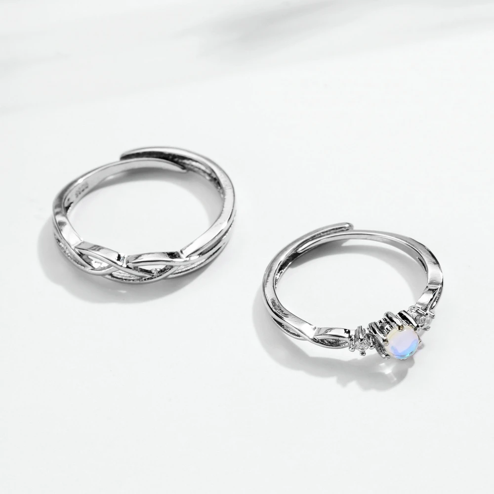 Двойное яркое романтическое полудрагоценное лунное кольцо белого золота, пара колец, подарок на День святого Валентина для пары, модное ювелирное изделие kbr161