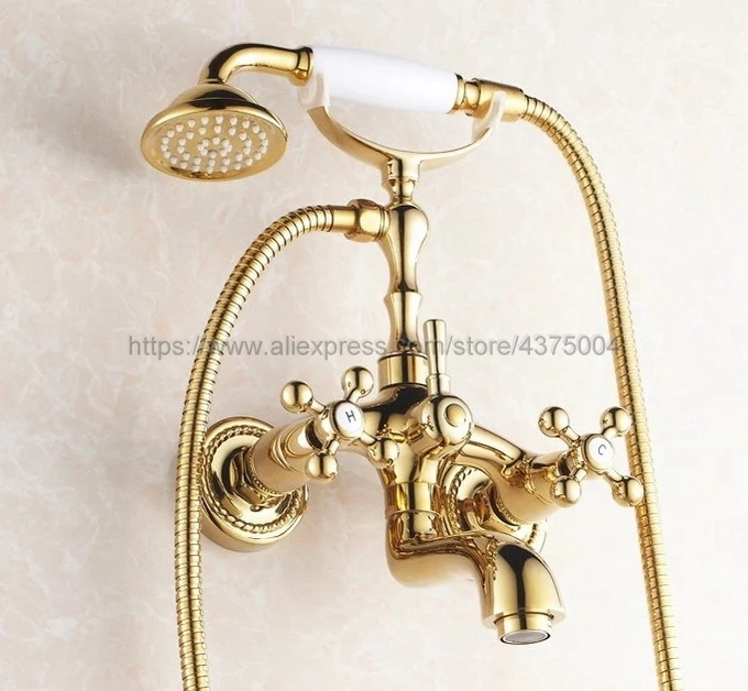 Dual Cross Handles Wall Mounted Polished Gold Brass Bathroom Tub Faucet with Hand Held Shower Sprayer Ntf082