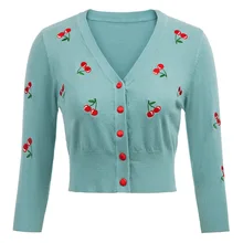 Женские винтажные куртки, кардиган с вышивкой вишни, 3/4 рукав, v-образный вырез, обрезанная трикотажная ткань, жакет на пуговицах, болеро