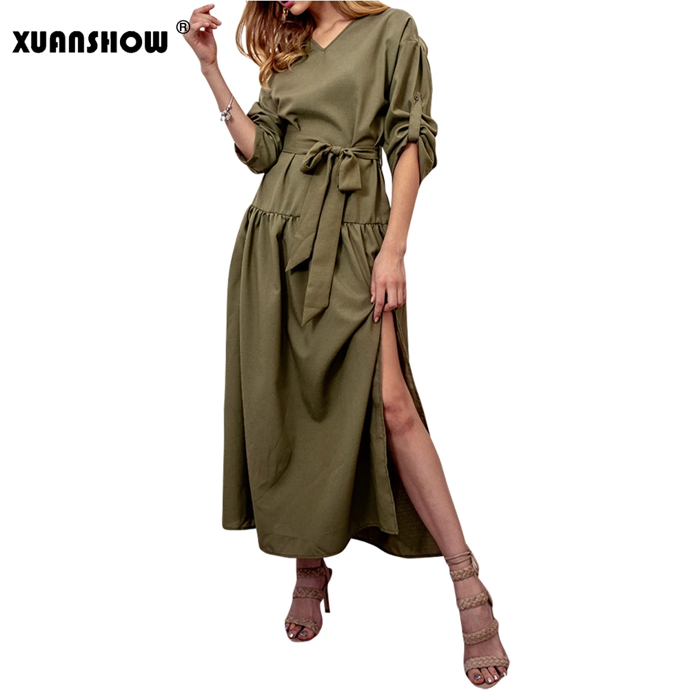 

XUANSHOW Vestidos Verano 2018 Sexy V Neck Self-Belt Women's Long Dresses Solid Ruffle Split Elegant Party Ladies Maxi Dress