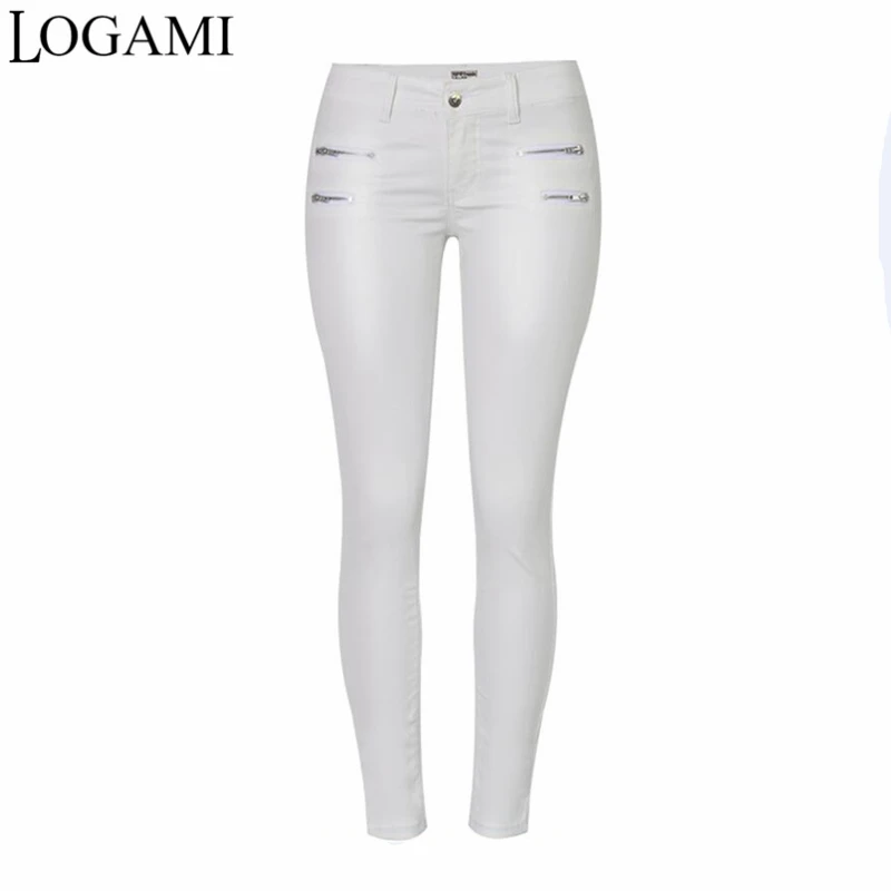 LOGAMI Faux Leather Pants Zipper Women Elastic Pencil Trousers Womens Biker Leather Pants White 