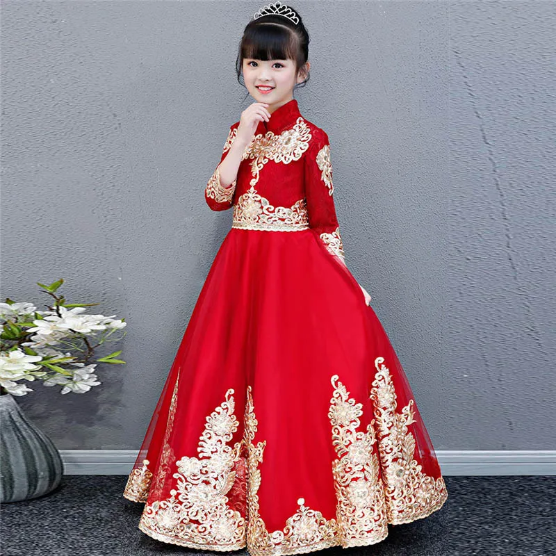 Новое Детское традиционное Красное Кружевное платье принцессы с вышивкой для девочек на день рождения, год, детское платье на день рождения - Цвет: longdress red as pic