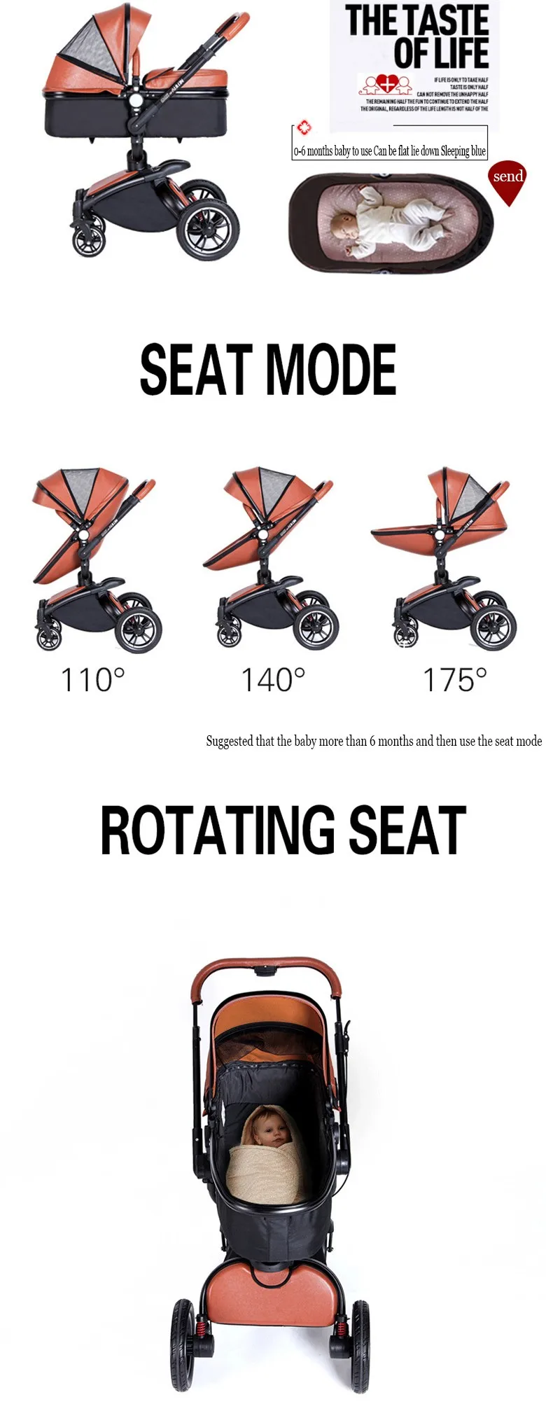 AULON 3 в 1, детская коляска, вращающаяся на 360 градусов, с золотой рамкой, полиуретановая коляска, Европейское безопасное автокресло с люлькой для новорожденных