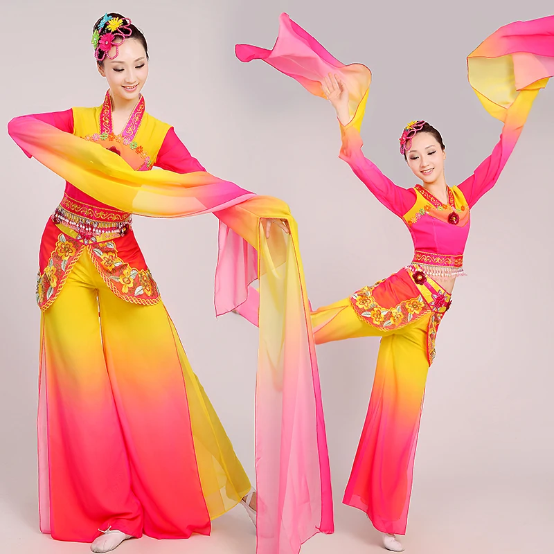 중국 물 슬리브 의상 Dunhuang 비행 클래식 댄스 의류 긴 팬시 요정 의상 무대 공연