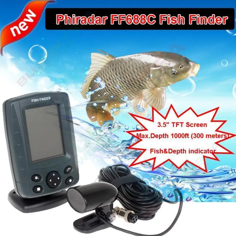 Free Shipping!Phiradar FF688C 3.5" Boat Fish Finder 200KHz/83KHz Dual Sonar Frequency 300M Detection Muti-language Auto zoom