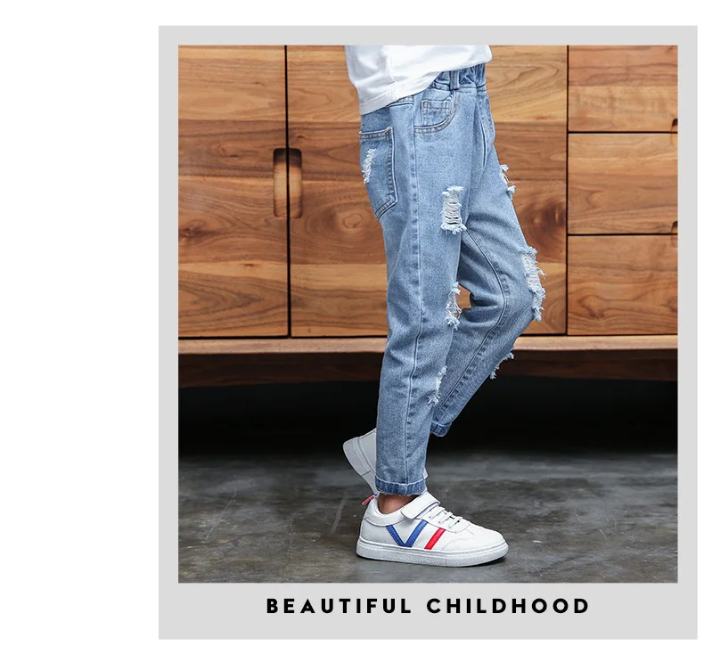 Calças de Brim Menina Meninos Rasgado Calça Jeans Outono Crianças Buracos Crianças Grandes Calças Jeans da Moda Meninos Roupas 4 13 Anos 7 Cheap Jeans