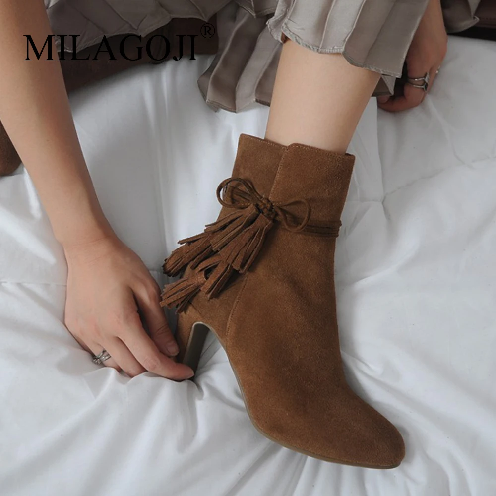 

Shoes Woman 2018 Fashion Winter Warm Black Fringe Ankle Boots MILAGOJI Full Grain Leather Black Beige Brown Red Zip Women Boots