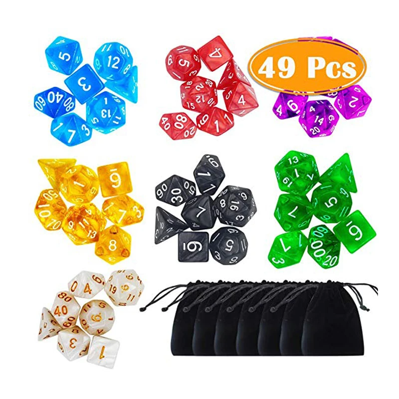 Многогранные кости 7x7 (49 штук) с мешками для подземелий и драконов DND RPG MTG D20 D12 D10 D8 D4