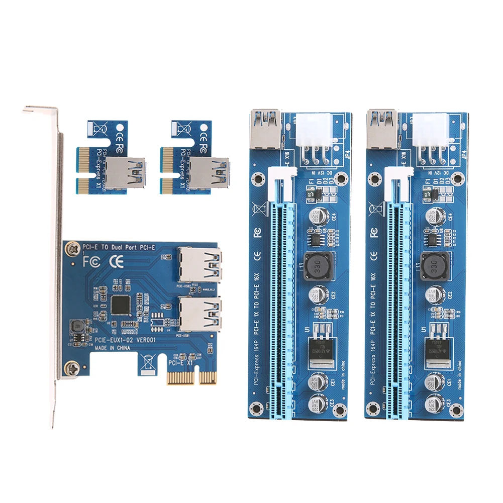 

PCI-E 1 to 2 PCI Express 1X Slots Riser Card w/ 2pcs 6pin Riser Card USB 3.0 Cable SATA 15-6pin Power PCIe Port Multiplier Card