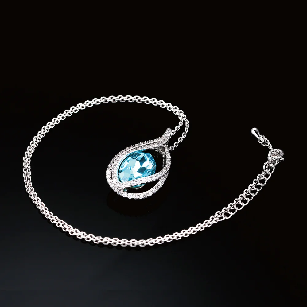 Double Fair Cubic Zirconia Big Blue Crystal Women's Necklace & Pendants Silver Color Elegant Wedding Jewelry For Women DFN292