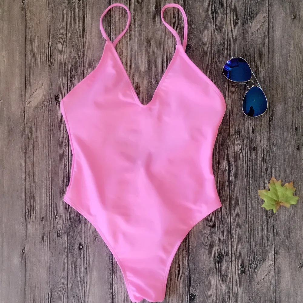 

Women One Piece Swimsuits Low Waist Simple Style Bikini Swimwear High Cut Strappy Back Bathing Suit Deep V Neck Beachwear